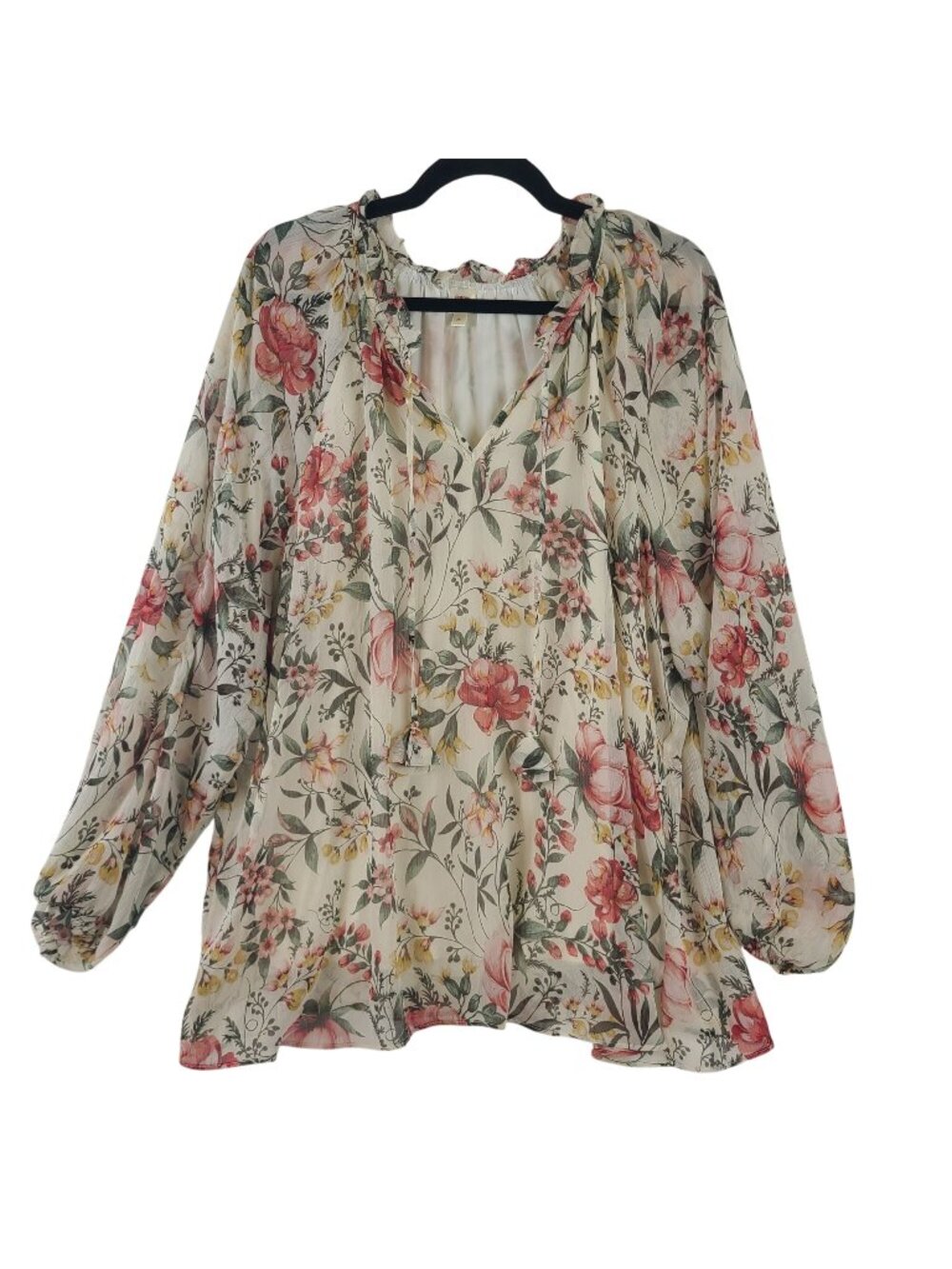 NEW Autres Filles Floral Print Long Sleeve Ruffle Blouse With Tassels Size 2X